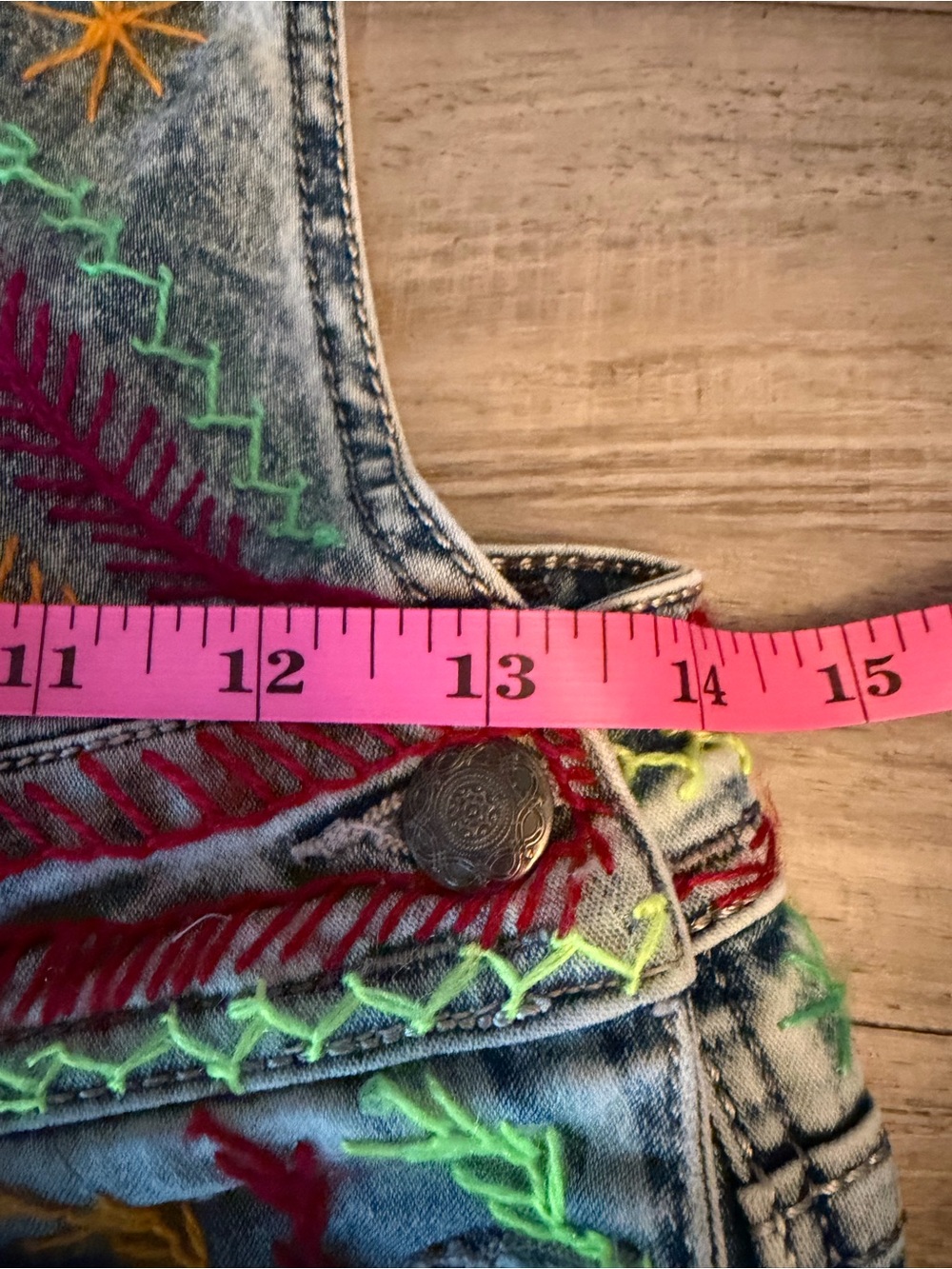 Custom Hand Embroidered Denim Overalls Light Wash Acid Jeans Neon Folk Art Style - Picture 10 of 11